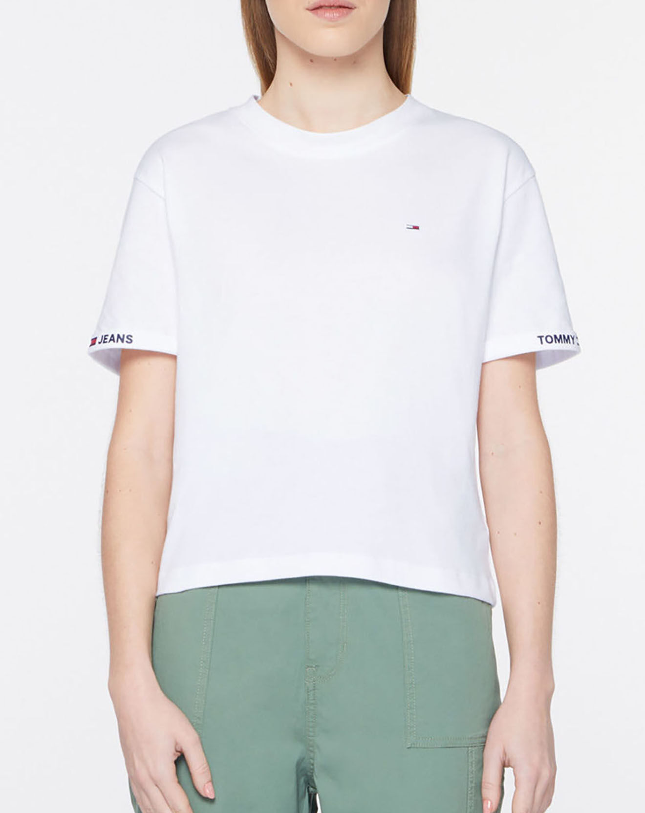 Tommy Jeans T-Shirt 100% Coton Bio crop branded blanc
