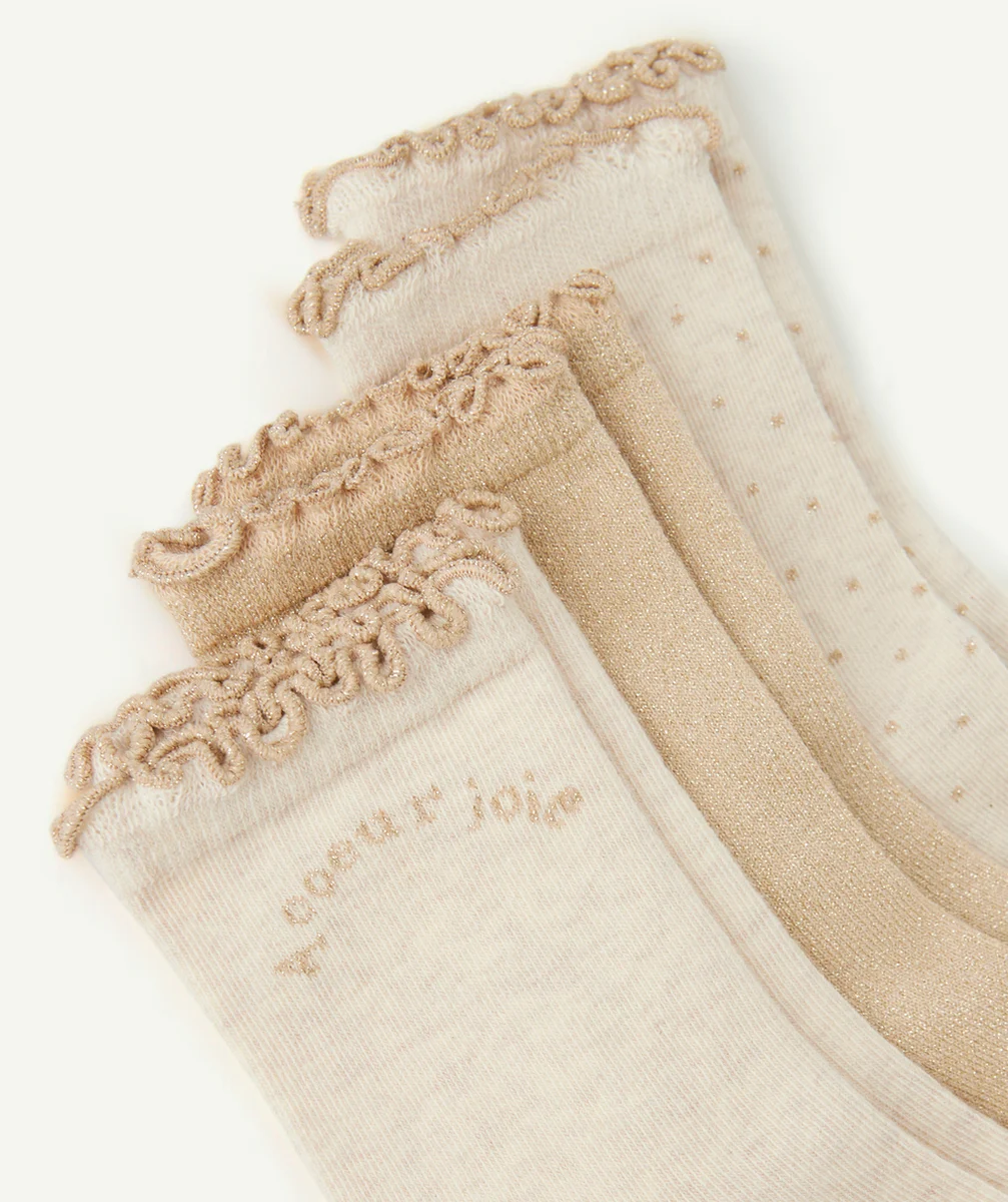 LOT DE 3 PAIRES DE CHAUSSETTES BEIGE AVEC DÉTAILS PAILLETÉS DORÉS