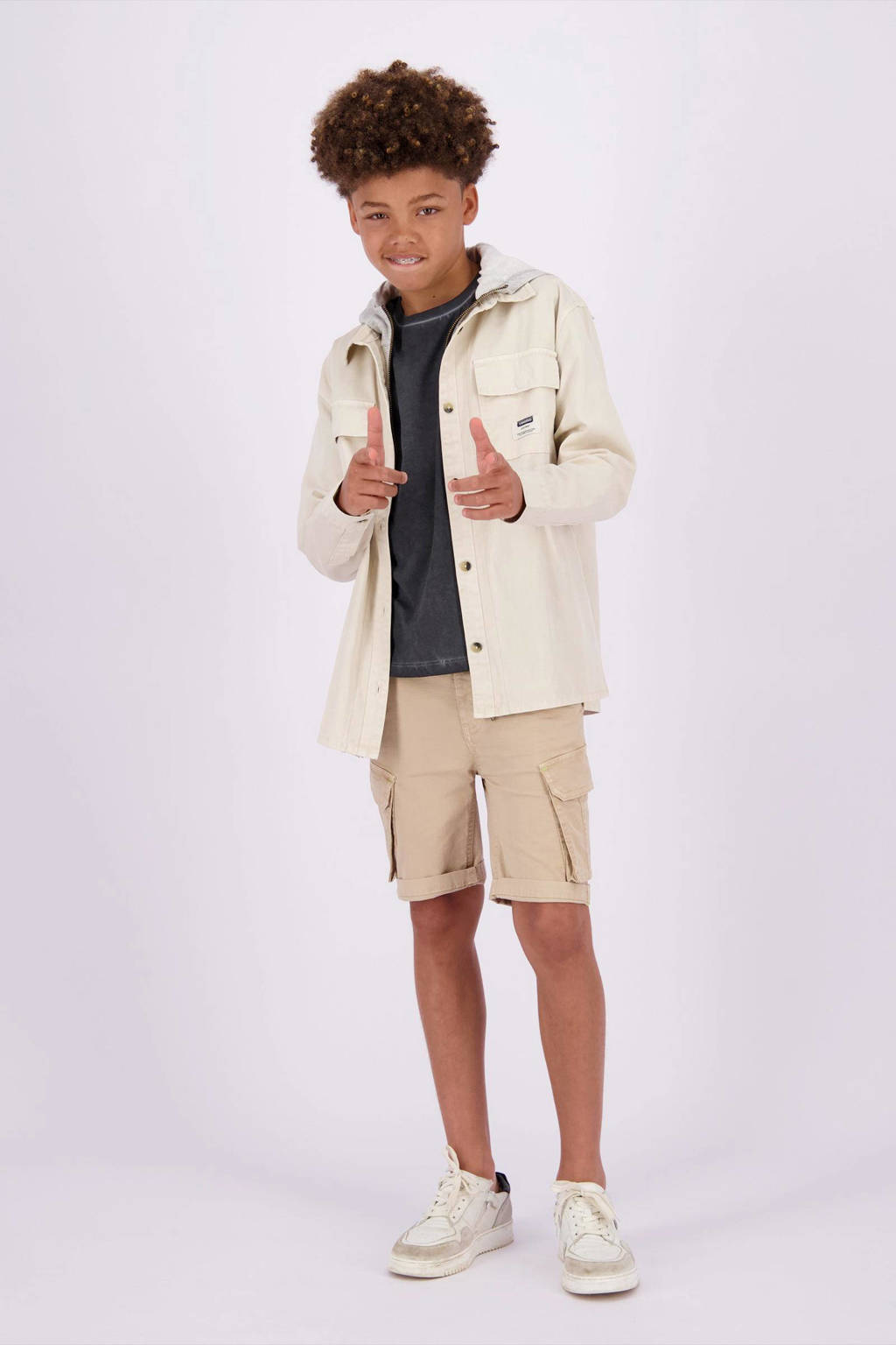 Vingino overshirt Lior met capuchon ecru/grijs melange