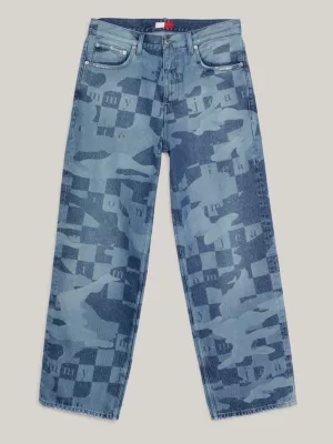 Calça jeans de perna larga com detalhes a laser