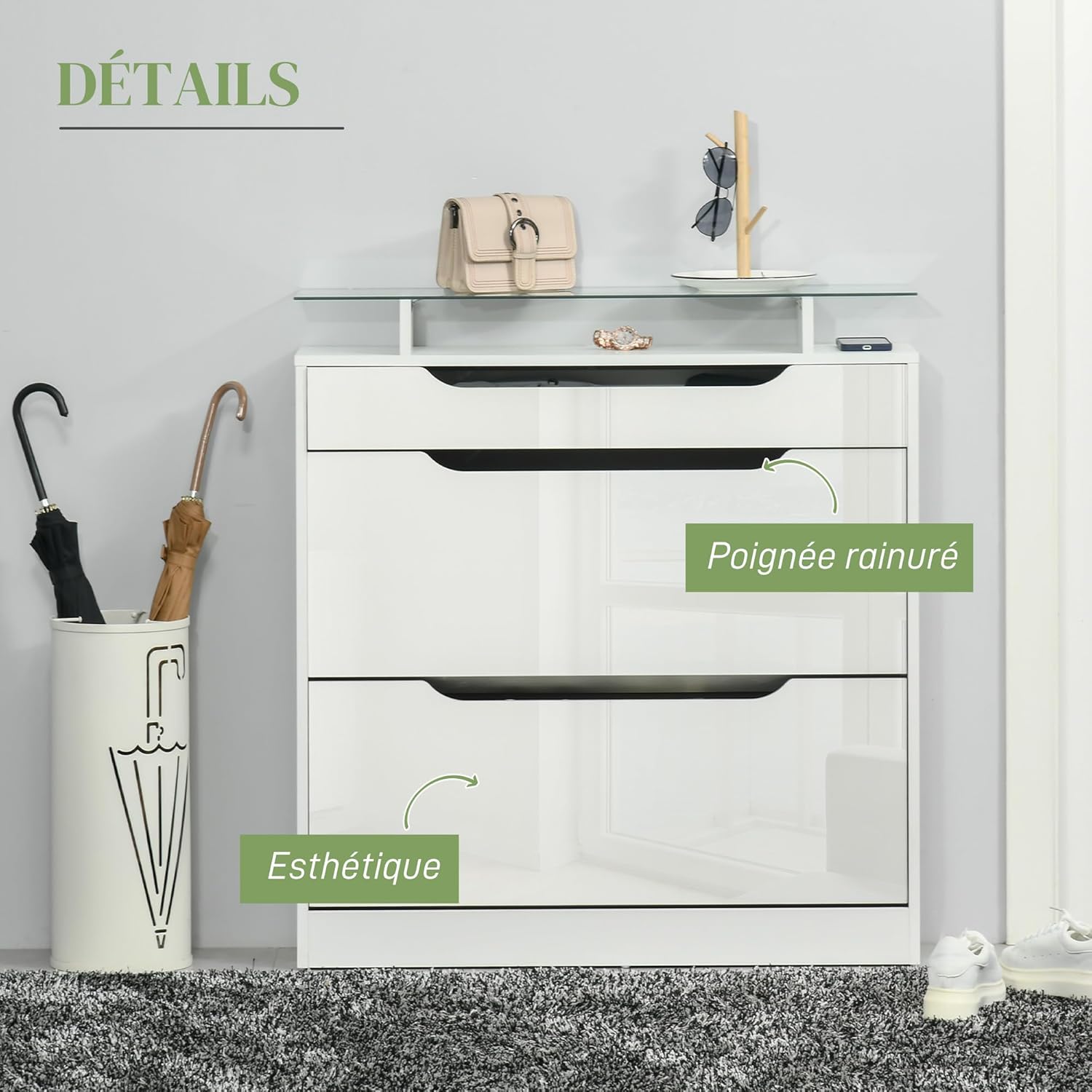 HOMCOM Armoire à Chaussures avec 2 tiroirs rabattables + 1 tiroir Coulissant + 1 comptoir et 1 Plateau en Verre étagère réglable sur 2 Niveaux 89 x 23 x 96 cm Blanc RU5141001