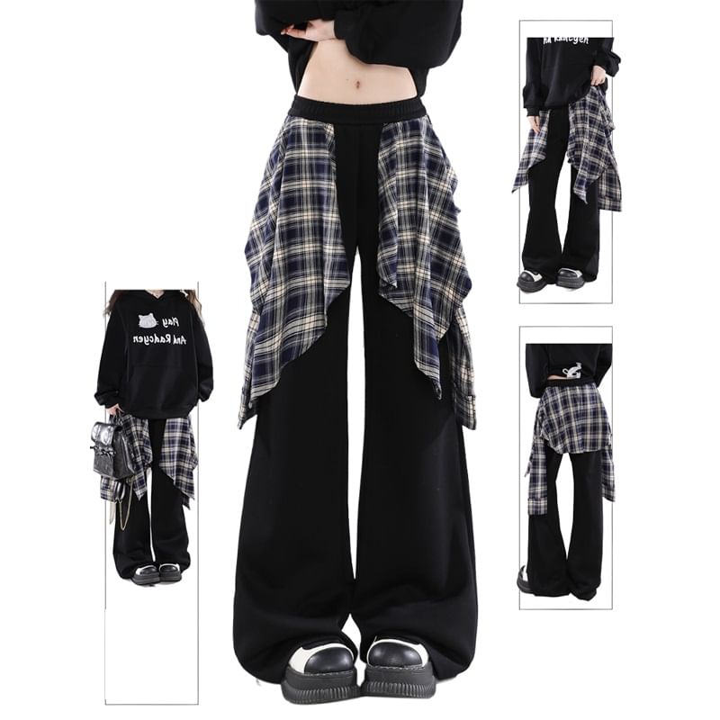 Malnia Home - Elastische taille geruite paneel wijde joggingbroek