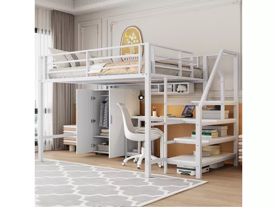 Lit mezzanine 140x200 armoire étagères échelle de rangement bureau Blanc