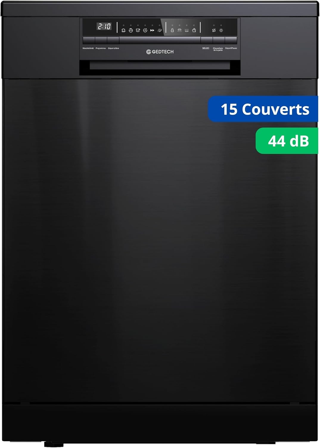 GEDTECH Lave-vaisselle GLV1542DX 15cv - Tiroir à couverts - 42 dB - Ultra silencieux - Départ Différé - Eco - Intensif - Rapide – Faible conso - Classe C - Dark Inox - Protection enfant