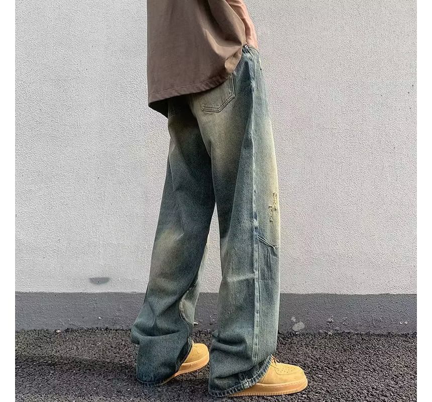 Kimeya - Low Rise Washed Distressed Wide Leg Jeans