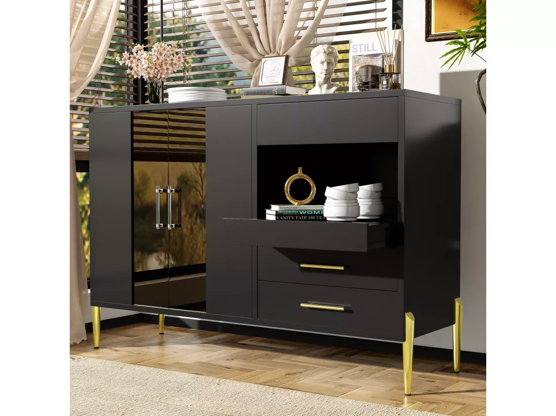 Buffet de cuisine avec 2 portes en verre et 3 tiroirs - 120 x 39.5 x 84 cm - MDF et pièds en métal doré - Noir