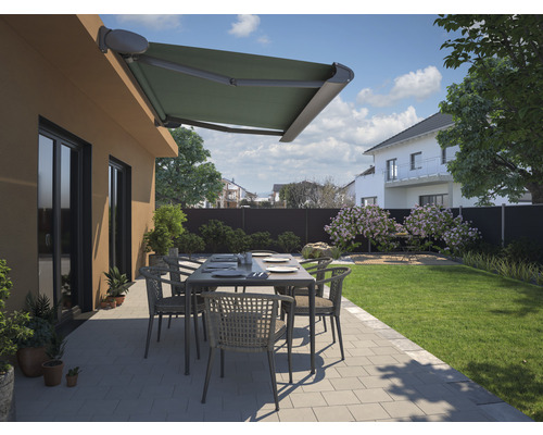 Cassettescherm Positano 5x3, stof donkergrijs (REC-194), frame RAL 7016 antracietgrijs, inclusief motor met noodhandzwengel en afstandsbediening