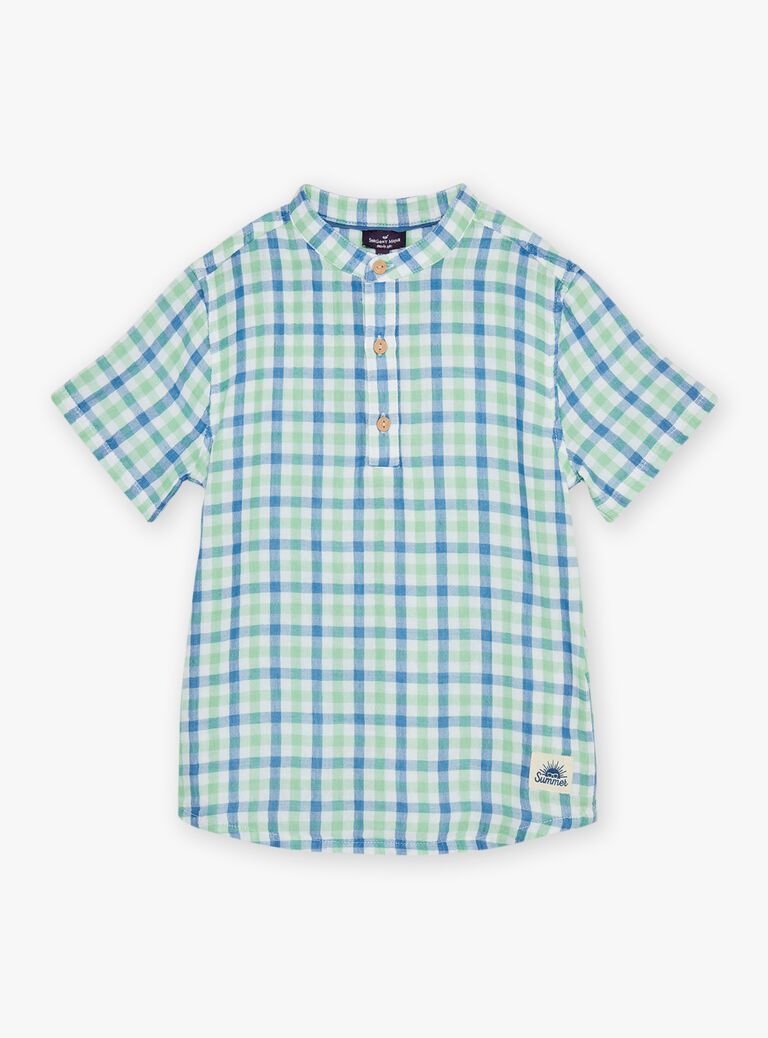 Chemise blanche à carreaux vert et bleu