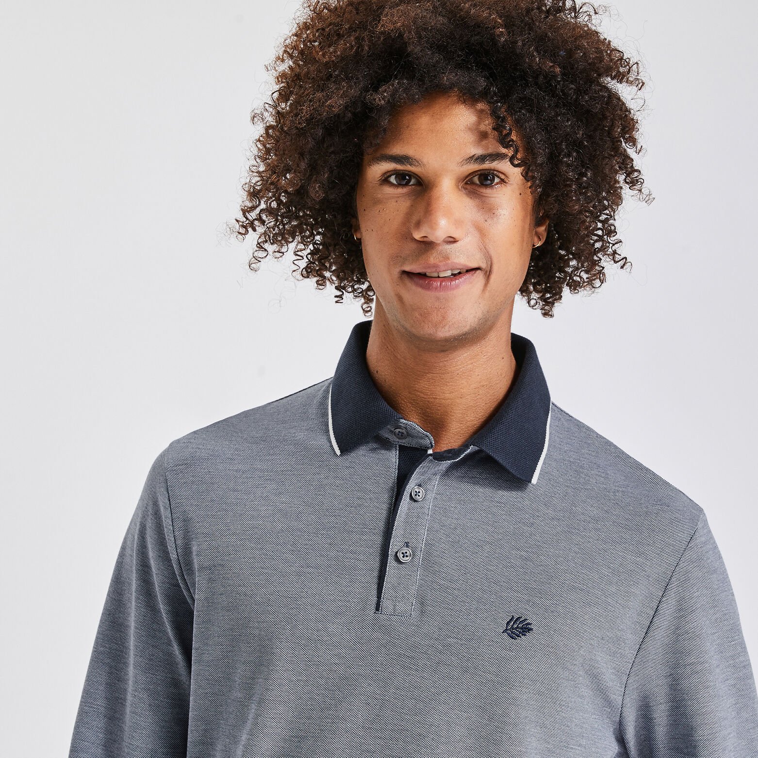 Polo manches longues piqué à col contrasté Bleu foncé