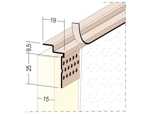 PROTEKTOR hard PVC-aansluitprofiel voor gipsplaatconstructie, dikte 15 mm, voor pleisterdikte 1 mm, 3050 x 25+9,5 mm, verpakking van 40 stuks.