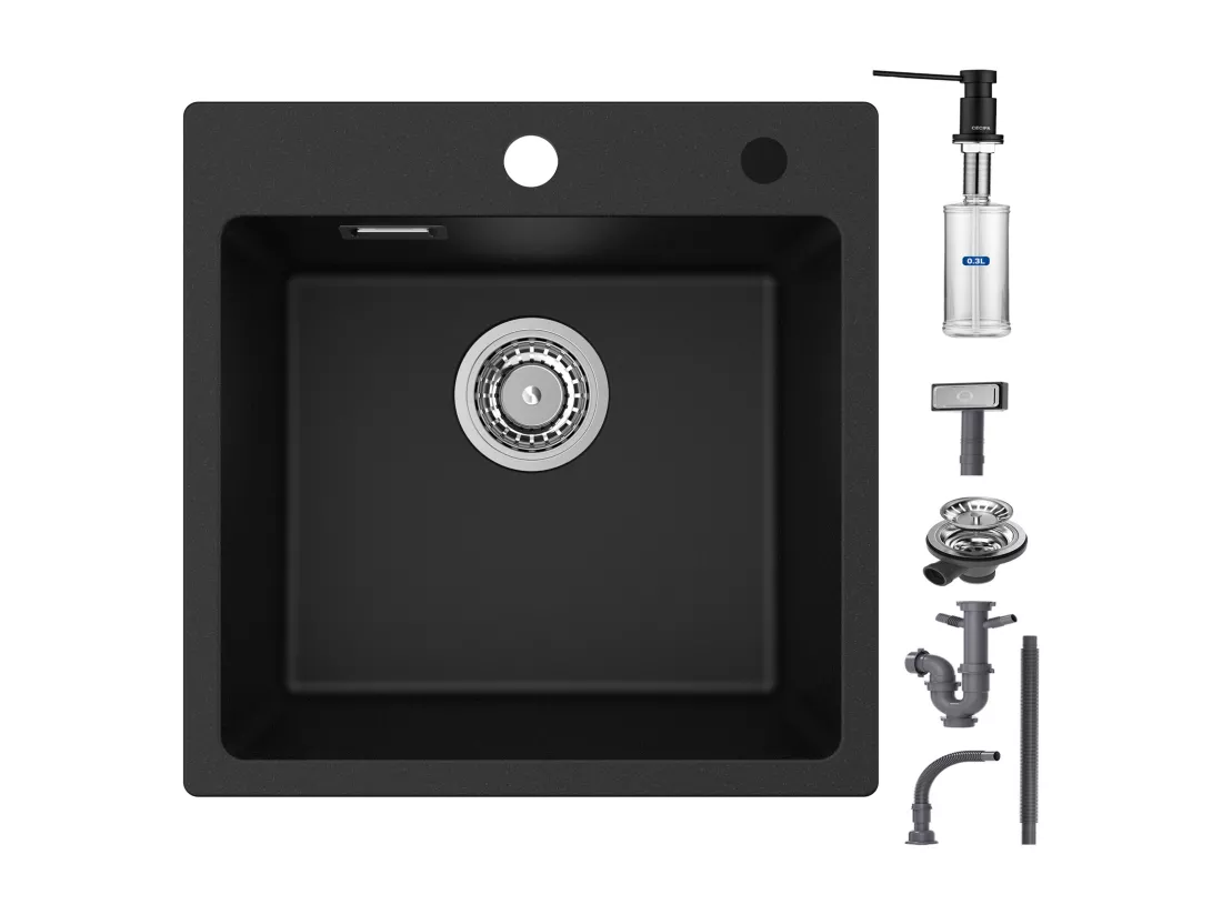 Cecipa max Evier 1 Bac en Quartz et Résine Noir Evier de Cuisine 45x45cm Evier à Encastrer 1 cuve + 300ML Distributeur de Savon Noir