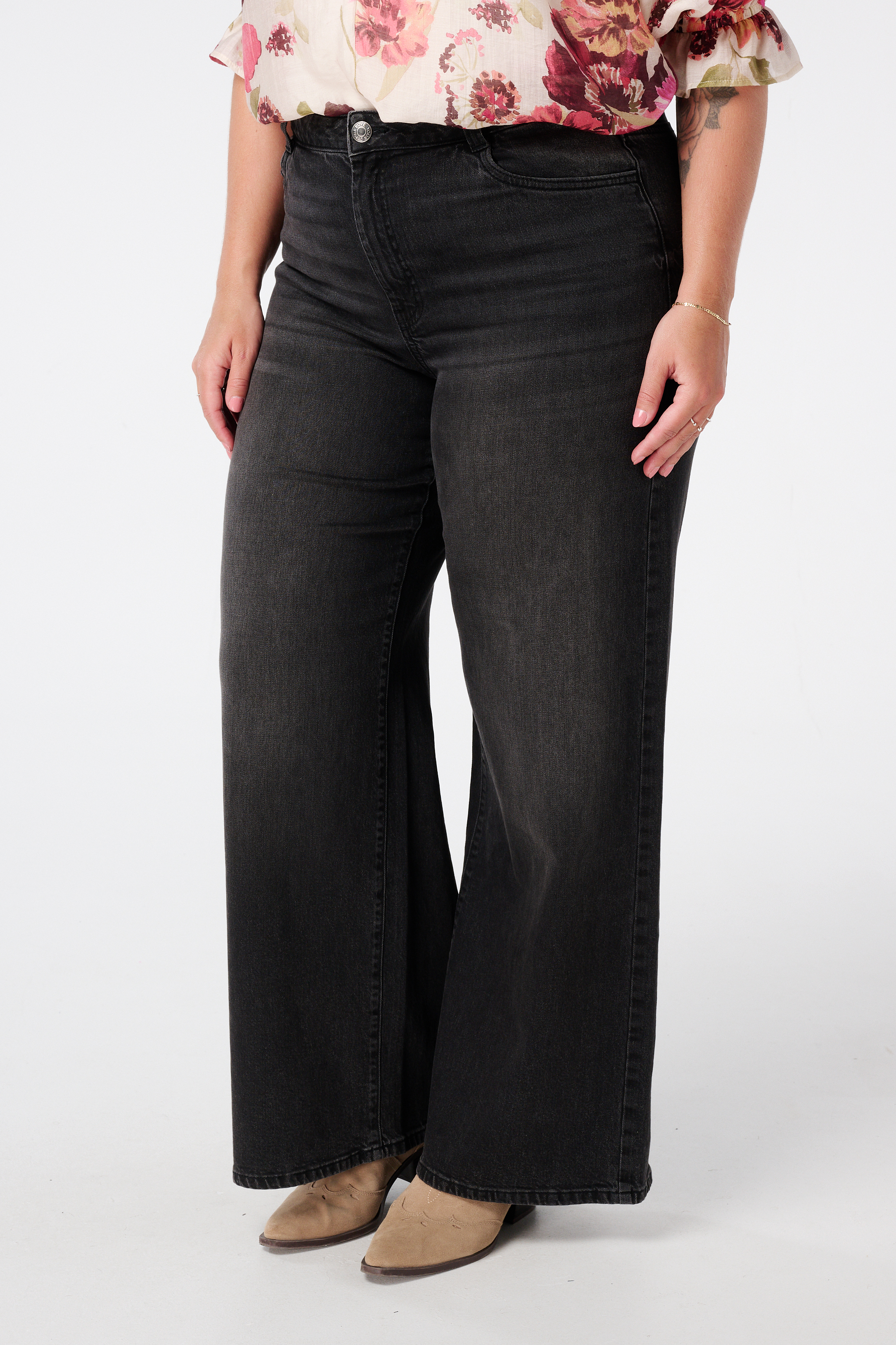 Wide leg jeans met hoge taille Zwart