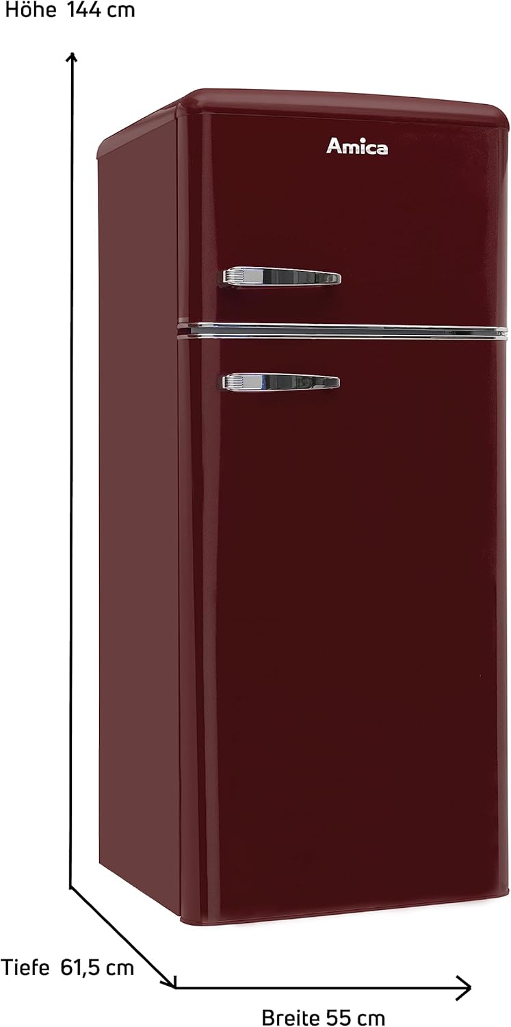 Amica KGC 15631 R Retro Kühl-/Gefrierkombination / Wine Red (Weinrot) / 144cm (H) x 55cm (B) x 62cm (T) / Retro-Design / Kühlschrank mit Gefrierfach