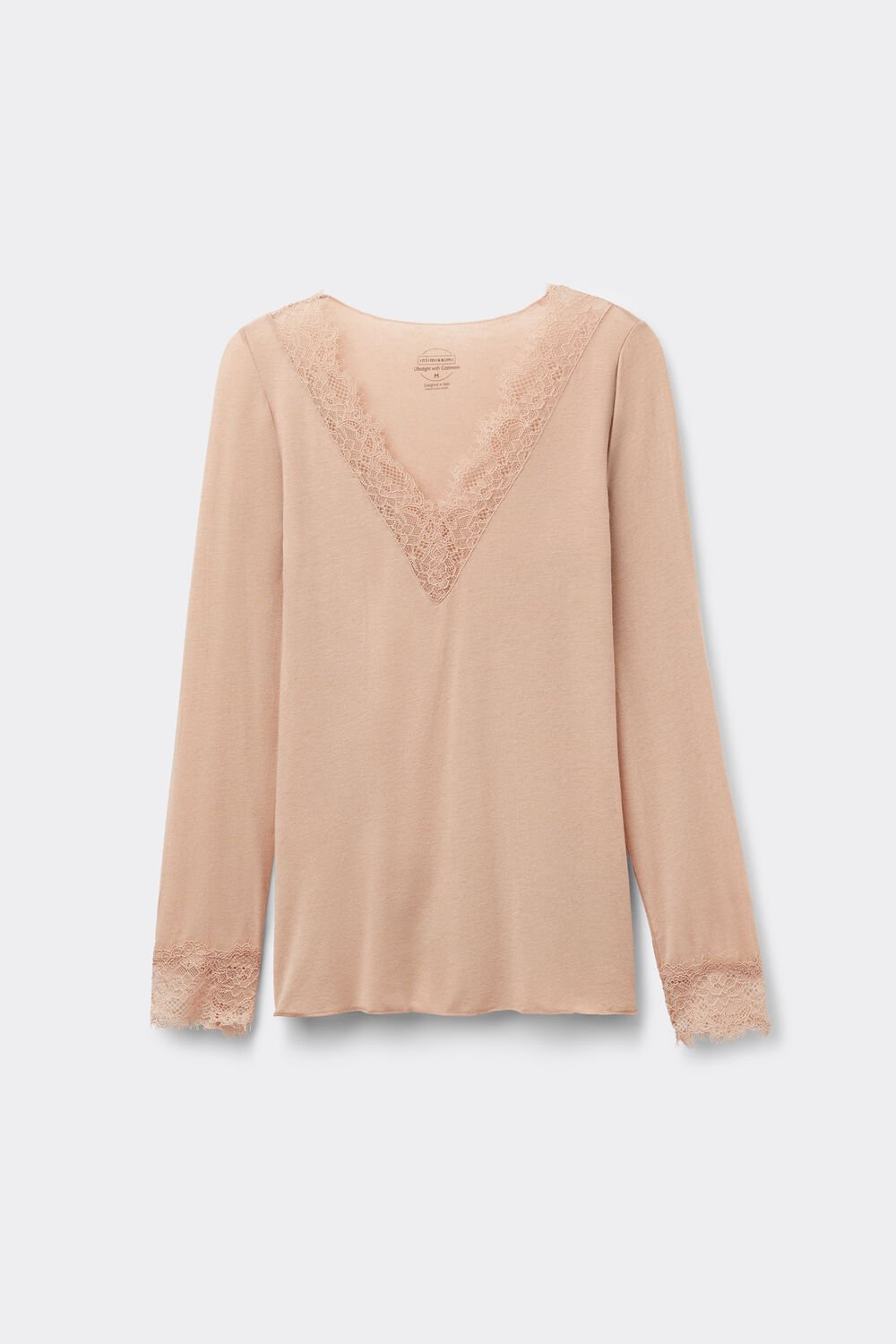 Camisa de manga comprida ultraleve em cashmere com detalhes em renda.