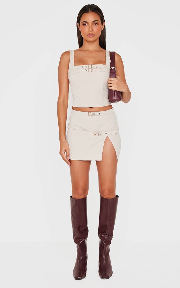 Gris Pierre Ensemble Jupe Micro Mini Ajustée En Tissu Tissé Avec Détail Ceinture