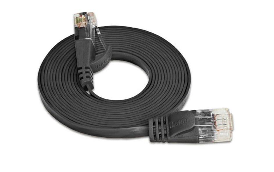 Slimpatchkabel RJ-45 - RJ-45, Cat 6, UTP, 0.15 m, SchwarzUnscreened/Unshielded Twisted-Pair-Kabel (UTP) mit Klinkenschutz