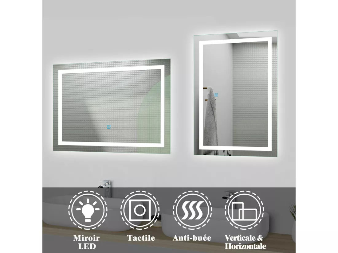Miroir de salle de bain lumineux l.70 x H.50cm avec Anti-buée, Mural Miroir - Aica