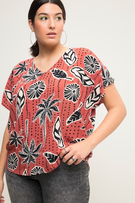 Blusenshirt, oversized, Palmen Print, V-Ausschnitt
