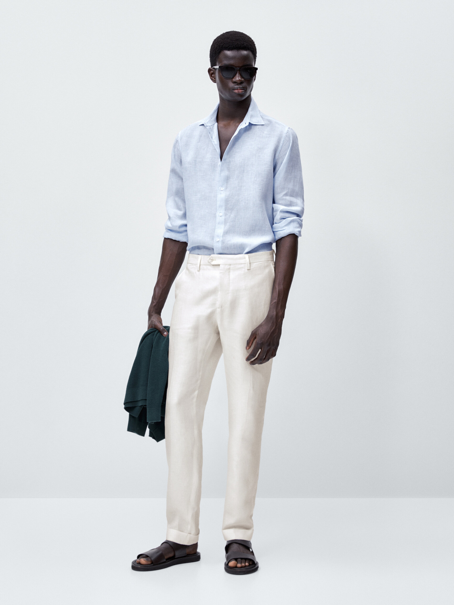 Camisa slim fit de linho com micro listras - CELESTE