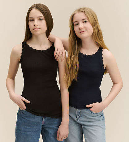 Rosemunde Top - Rib - Weiß - Navy m. Spitze