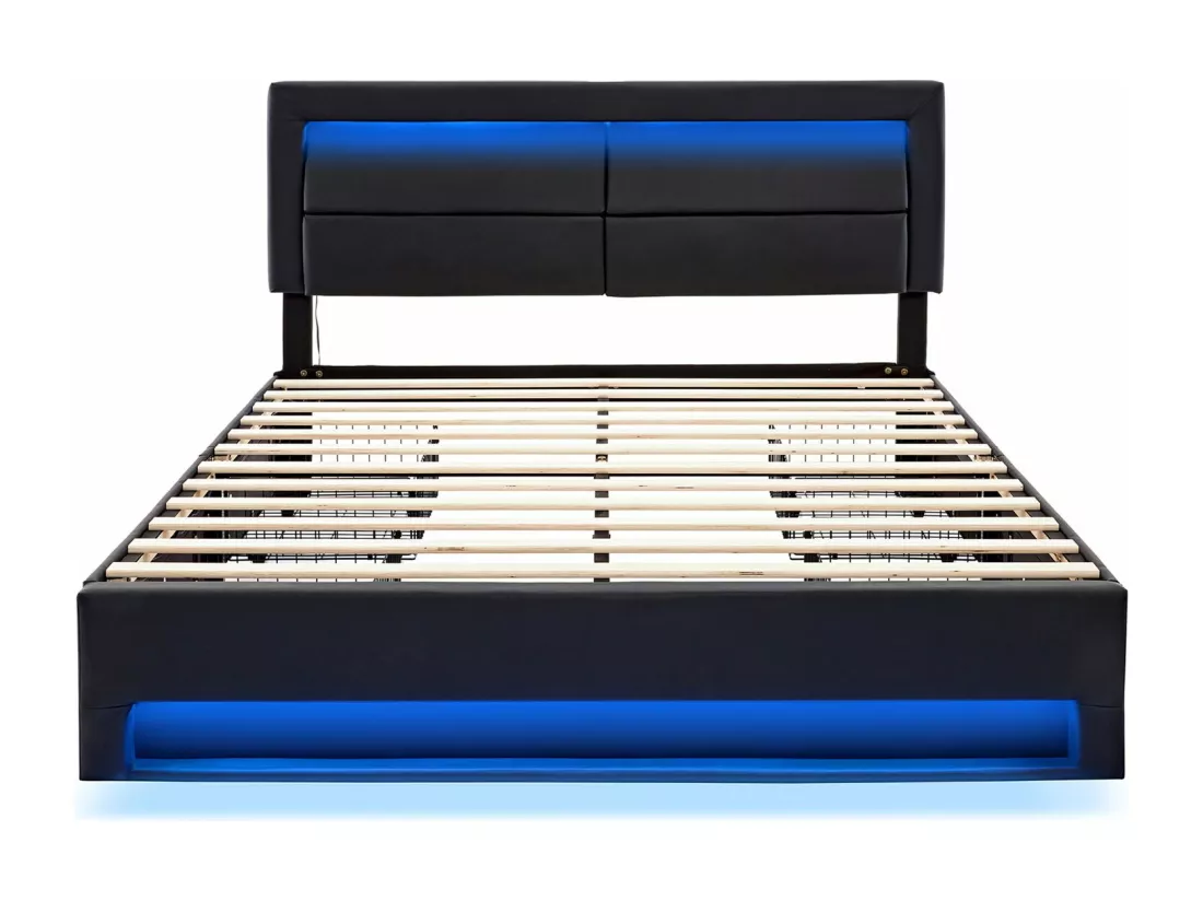 Lit rembourré 160x200 cm, avec port USB, éclairage LED, 4 tiroirs, sans matelas, PU, noir