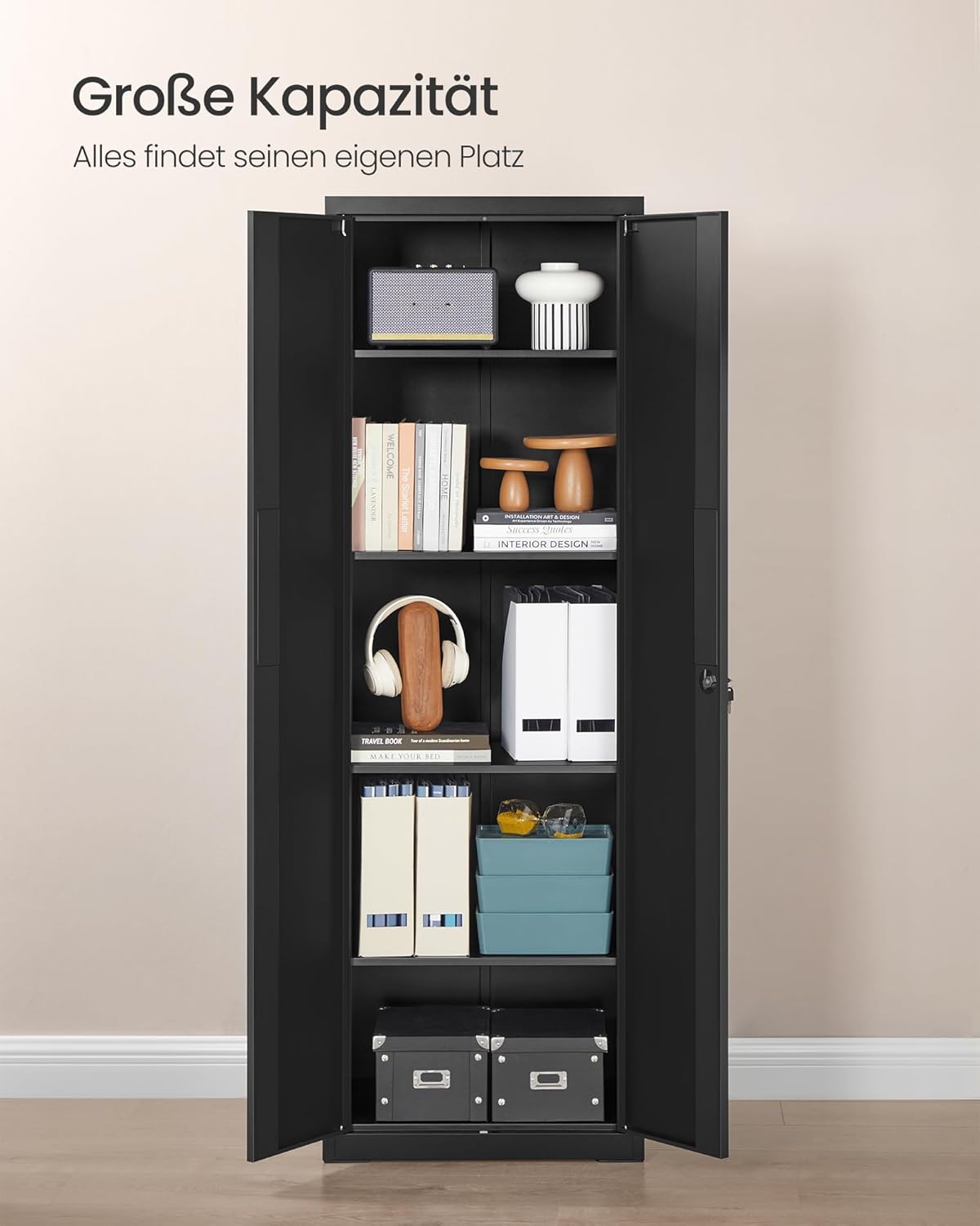 SONGMICS Aktenschrank, Mehrzweckschrank, Aufbewahrungsschrank, 5 Ebenen, 40 x 60 x 180 cm, Doppeltüren, Schloss, Werkzeug, verstellbare Ablagen, Garage, Büro, Wohnzimmer, Mattschwarz OMC014B01