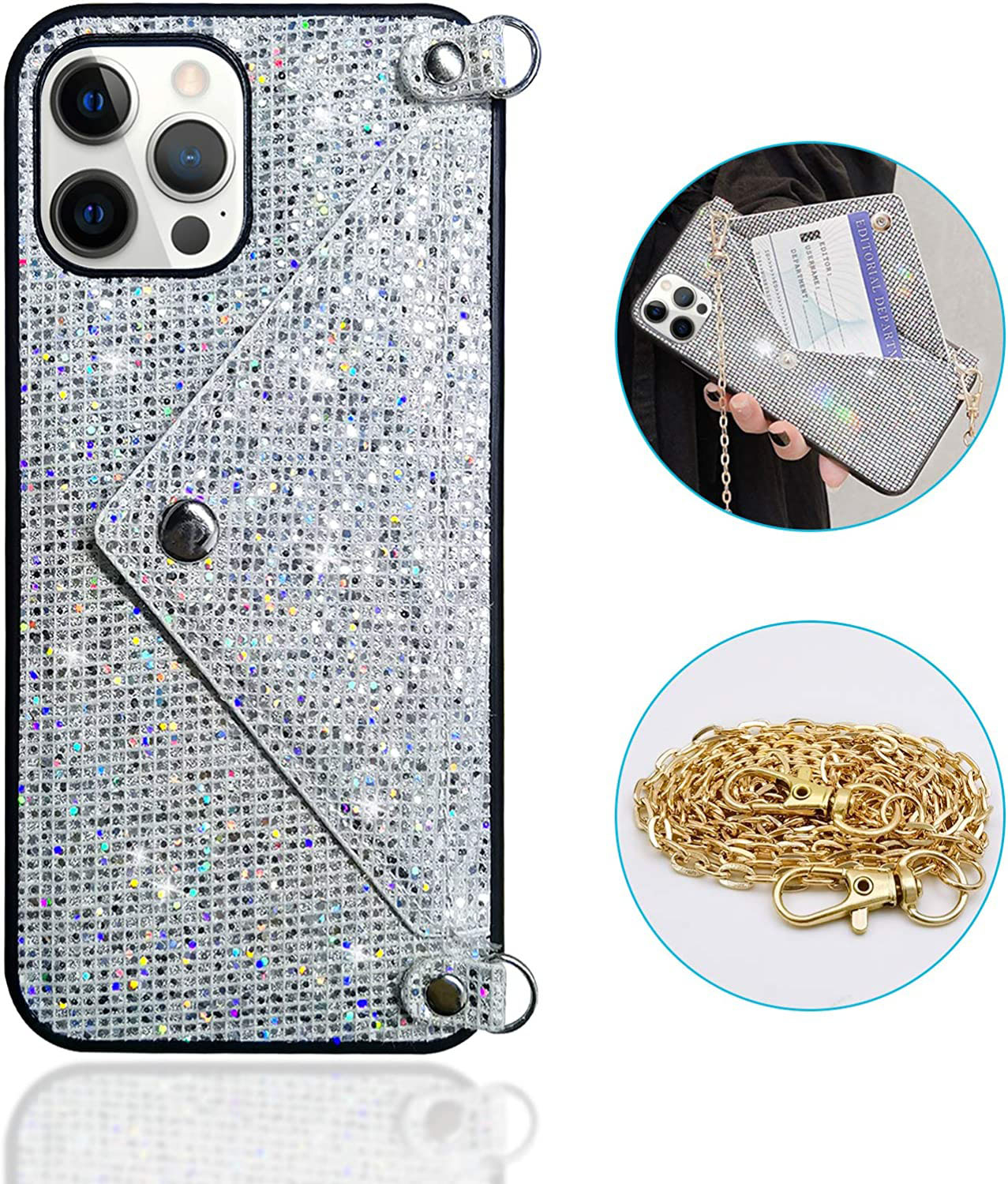 iPhone 14 Pro Necklace Schutz Hülle mit Kartenfach   Handykette (115cm) - Weiss (Glitzer)