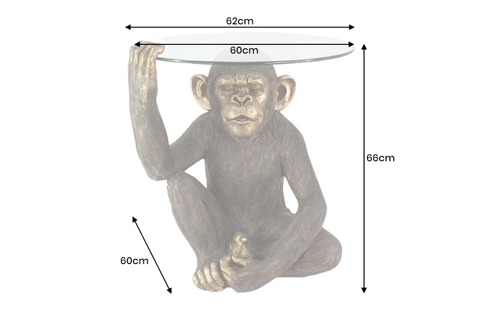 Runder Couchtisch KING APE 65cm schwarz gold Glas Affenfigur handmade