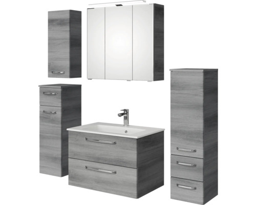 Pelipal Kumba badkamermeubelset (B x H x D): 137 x 200 x 50 cm, grafiet getextureerde fronten, 5-delige set inclusief mineraal gegoten wastafel, halfhoge kast, onderkast en bovenkast (99.770126193)