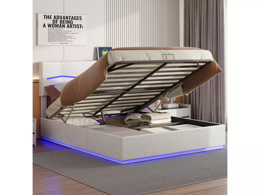 Lit coffre 160 x 200 cm avec éclairage LED et charge USB - hydraulique - Lit 2 Personnes - PU - Beige