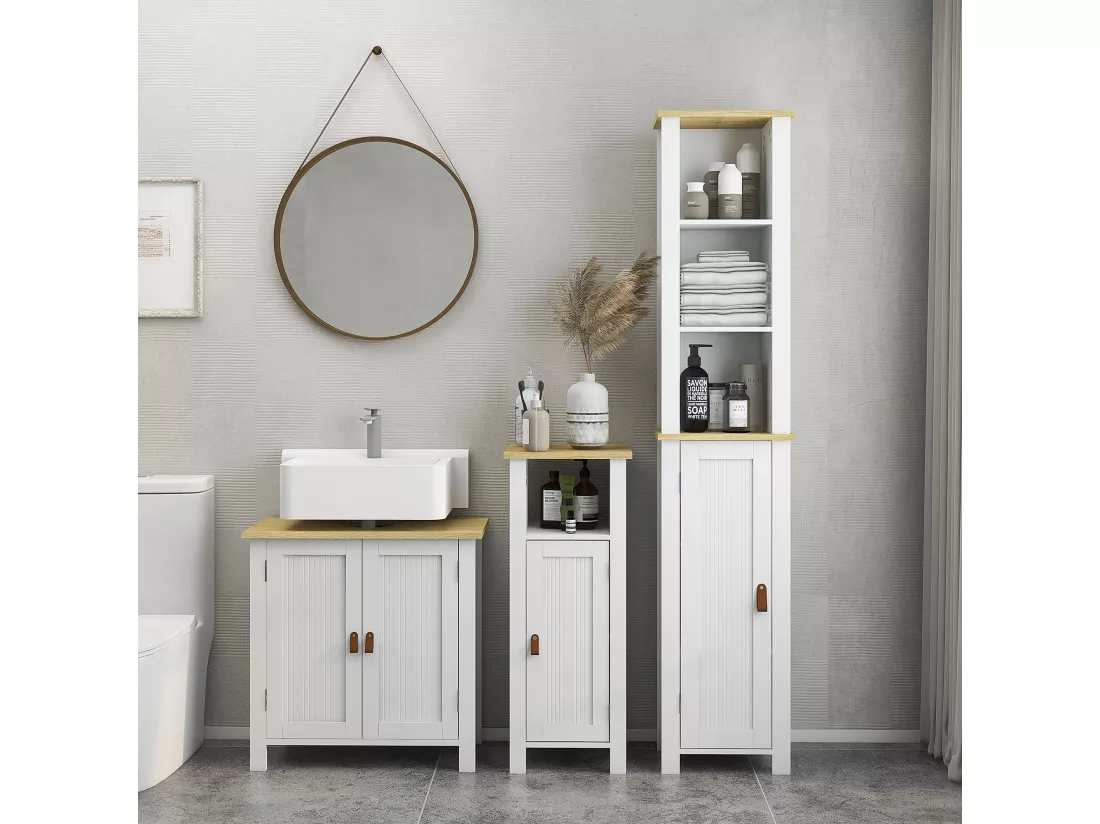 Meuble bas de salle de bain sur pied porte 2 étagères niche plateau aspect bois clair blanc