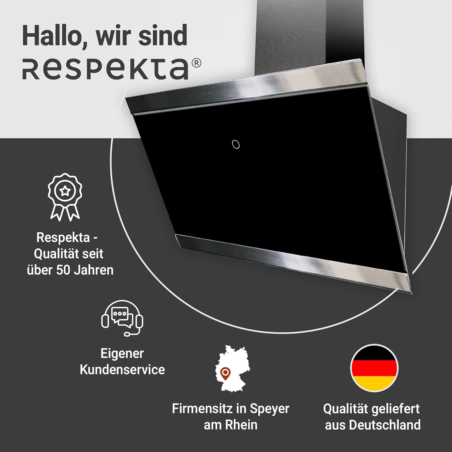 Respekta Dunstabzugshaube kopffrei / Dunstabzugshaube schräg 60 cm / Glasschirm mit Edelstahlrahmen in Schwarz / Abluft - und Umluftfunktion / CH89060S / A++ / 39–59 dB