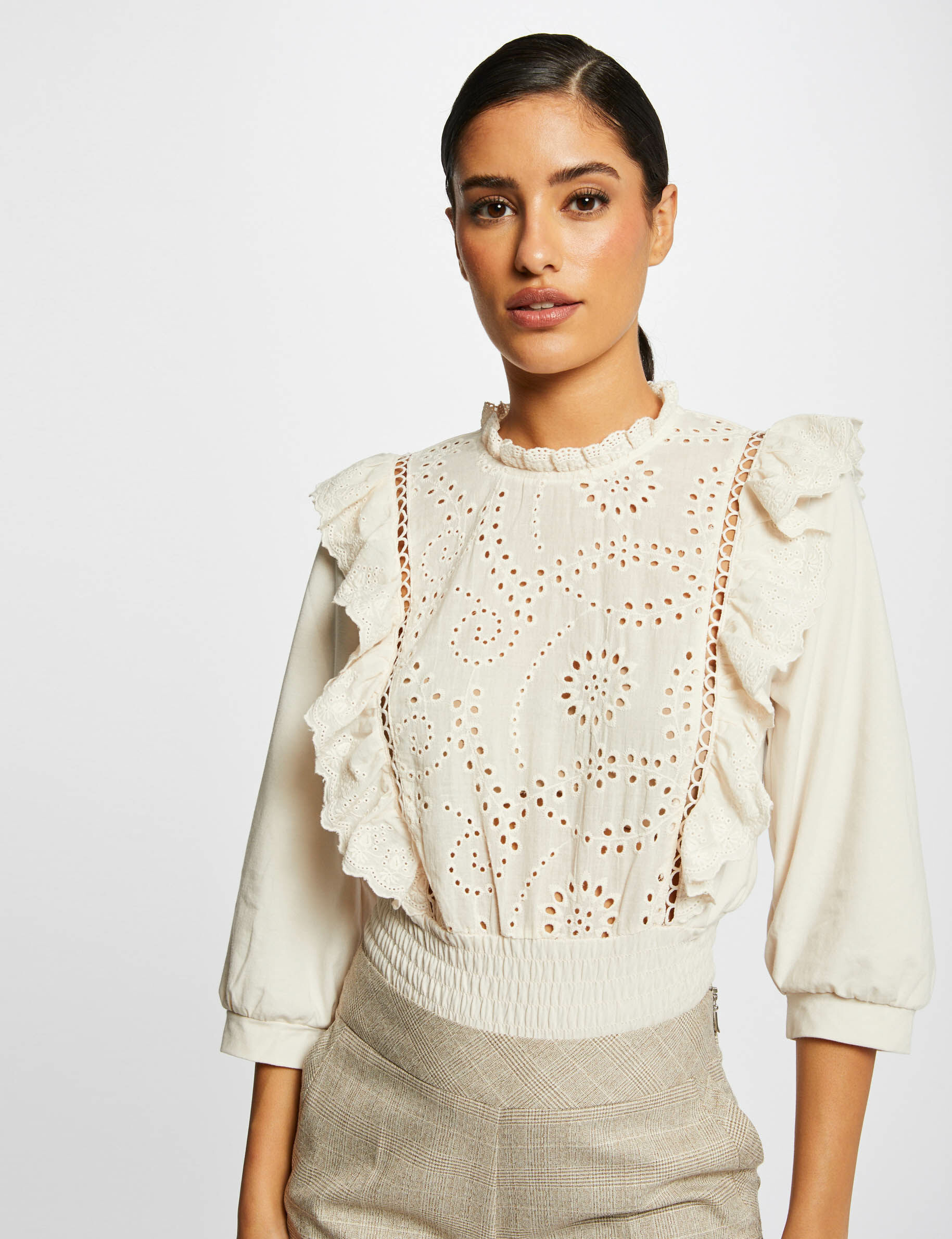 T-shirt manches 3/4 avec broderie ivoire femme - ivoire