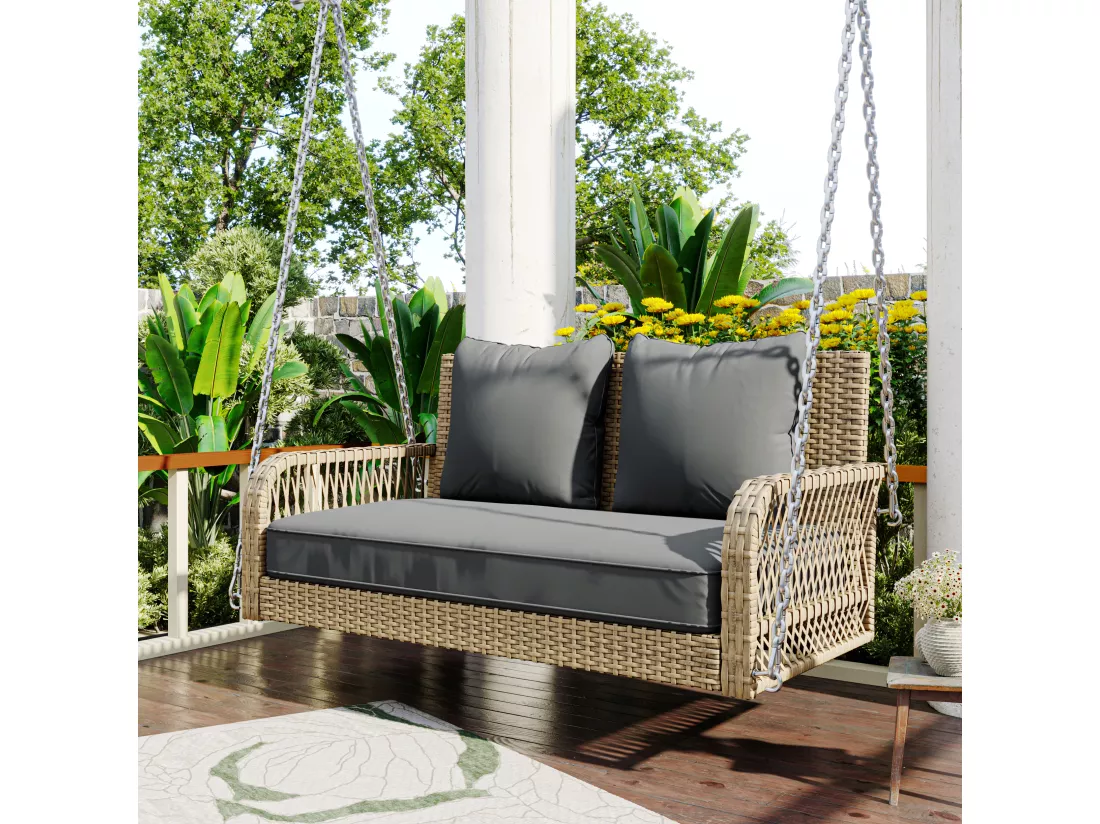 Fauteuil suspendu 114 cm en rotin PE - 2 Places - Coussin d'assise rembourrage 11 cm - Beige + gris