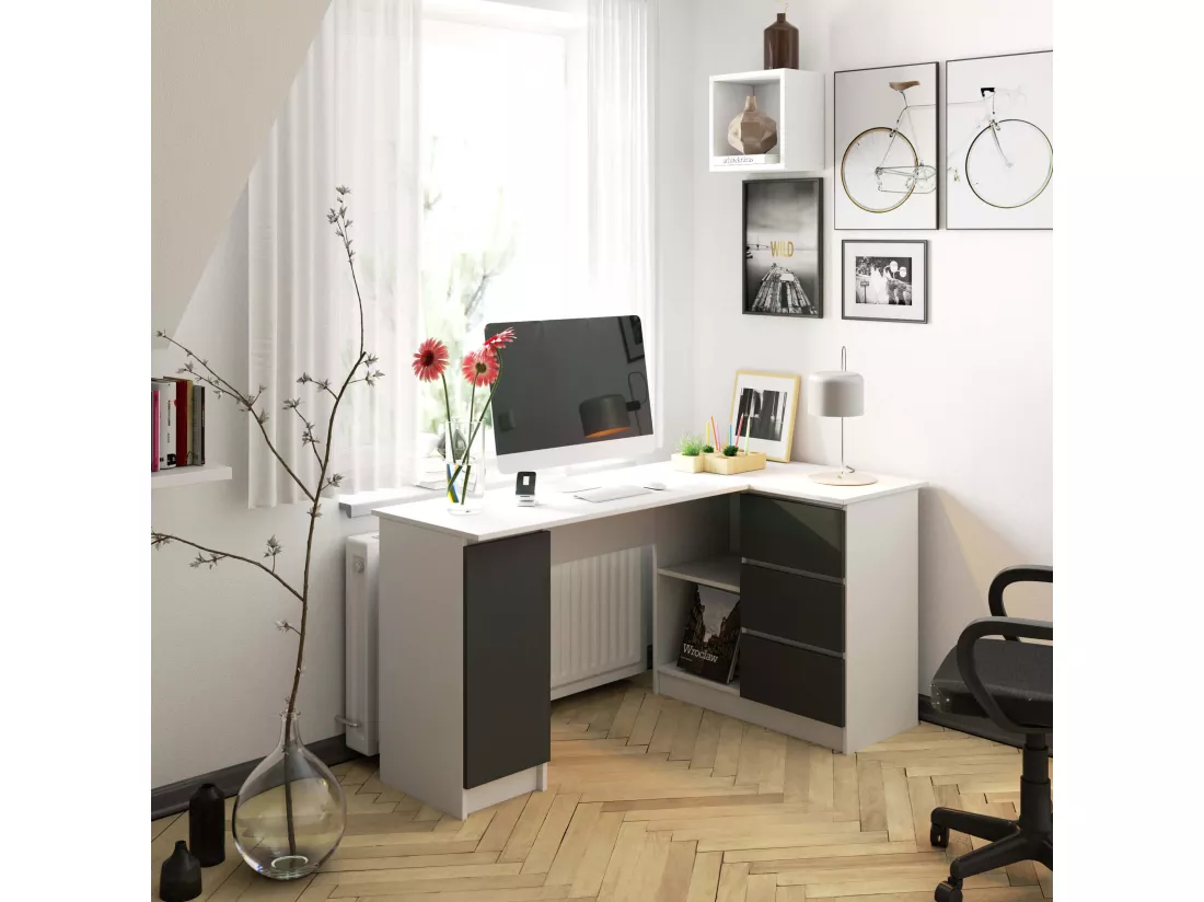 Grand bureau d'angle AKORD droit B20 Blanc 155 cm 1 porte 3 tiroirs façade Gris Graphite 4 étagères 155x85x77 cm