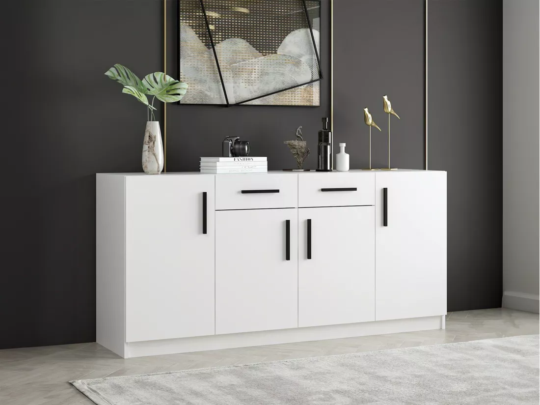 Buffet avec 4 portes et 2 tiroirs - Blanc - MEROLIA