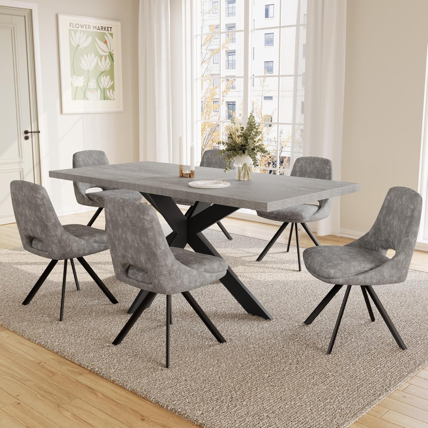 JIEXI Essgruppen Für 4-6 Personen, Esstisch Ausziehbar Mit Stühlen, Moderner Grauer MDF-Holztisch, Geeignet Für Wohnzimmer, Küche (130-170cm Tisch + 6 X-förmig Grau Stühle)