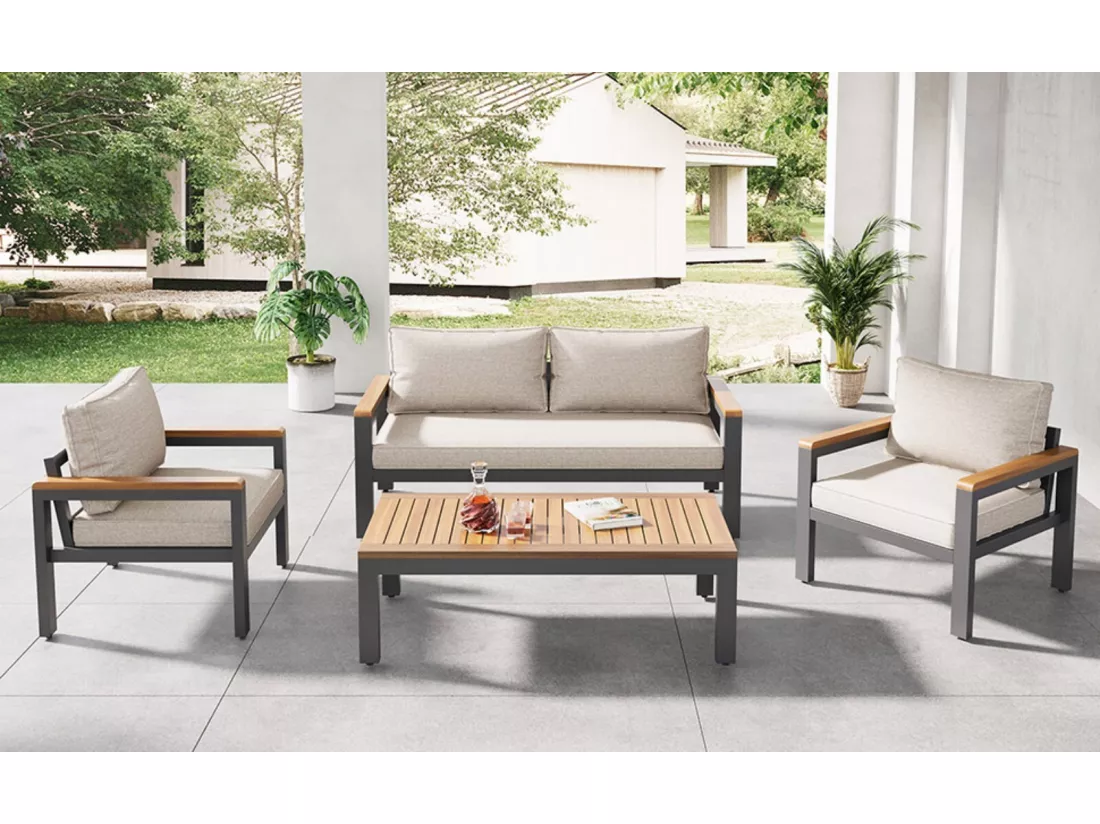 Salle à manger de jardin en acier galvanisé, 4 places, table et accoudoirs acacia en bois, chaises pieds réglables, Beige