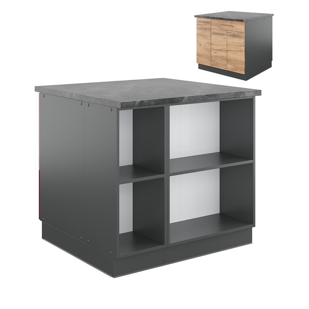 Vicco Kücheninsel Küchenblock Einbauküche Fame-Line Anthrazit Eiche Goldkraft 90 cm modern Hochglanz Küchen Schränke Apothekerunterschrank Schubunterschrank Regalinselunterschrank Softclose-Scharnier Küchenmöbel