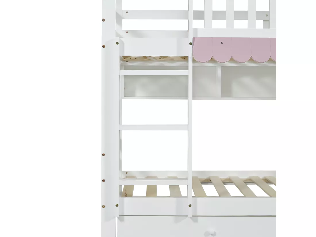 Lit superposé en bois - 90x200 cm - avec 2 tiroirs et étagères - Blanc & Rose (sans rideaux)