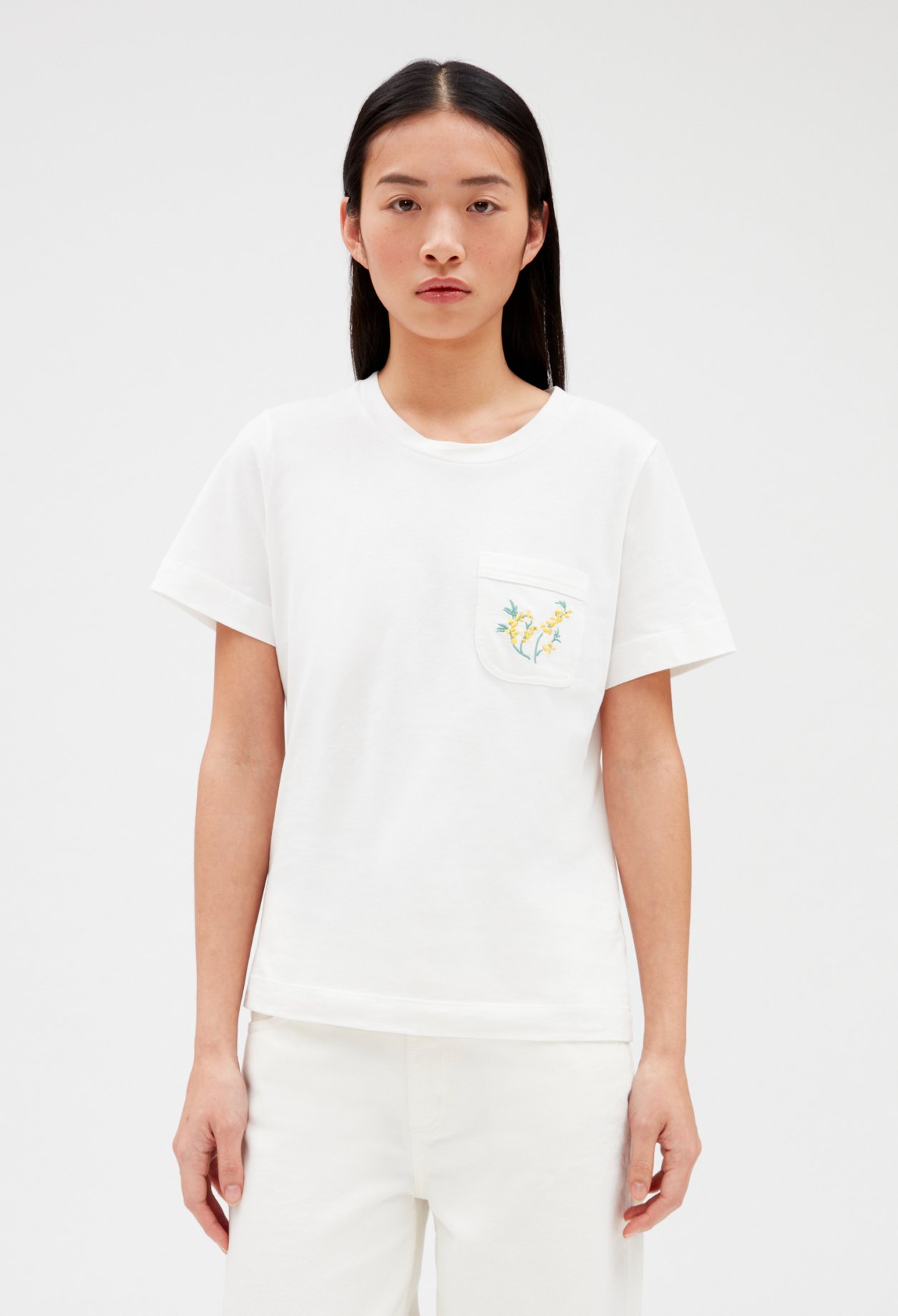 T-shirt poche brodee blanc