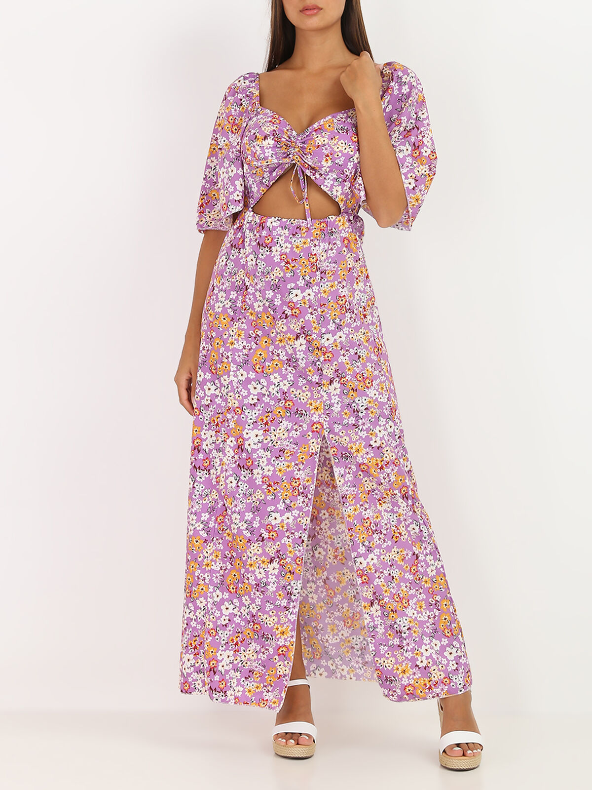 Robe ajourée à imprimé fleuri- Violet