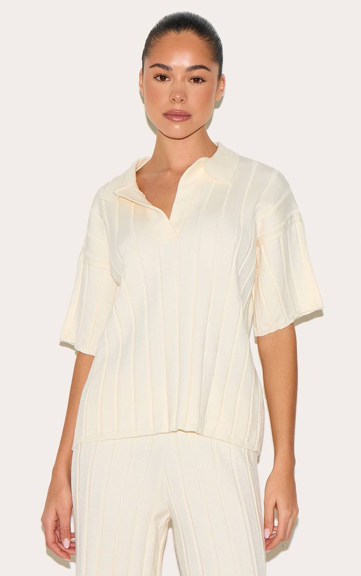 Crème Haut Polo Oversize En Maille Côtelée