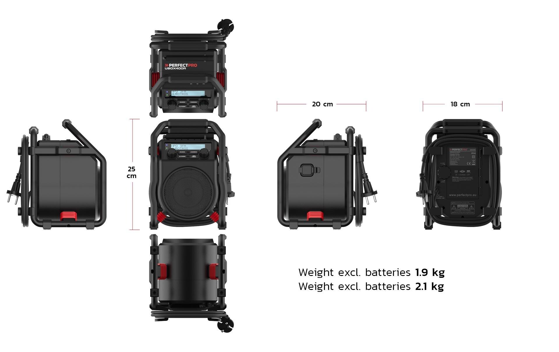 DAB+ Radio UBOX 400R Schwarz<br>Kompaktes Baustellenradio mit eingebautem Akkulader für universellen Akku