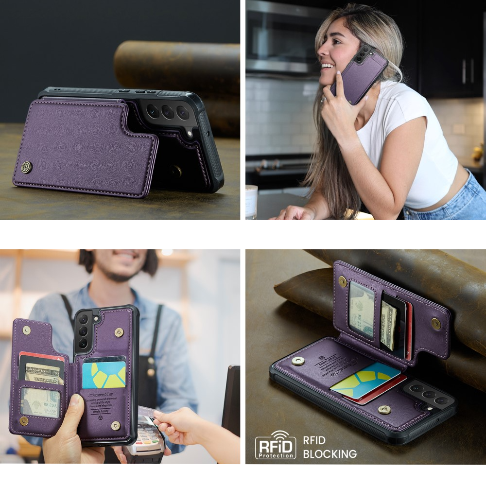 Samsung Galaxy S22 5G Leder Hülle mit Kartenfächern im Litchi Look   Kickstand (RFID Schutz) - Lila