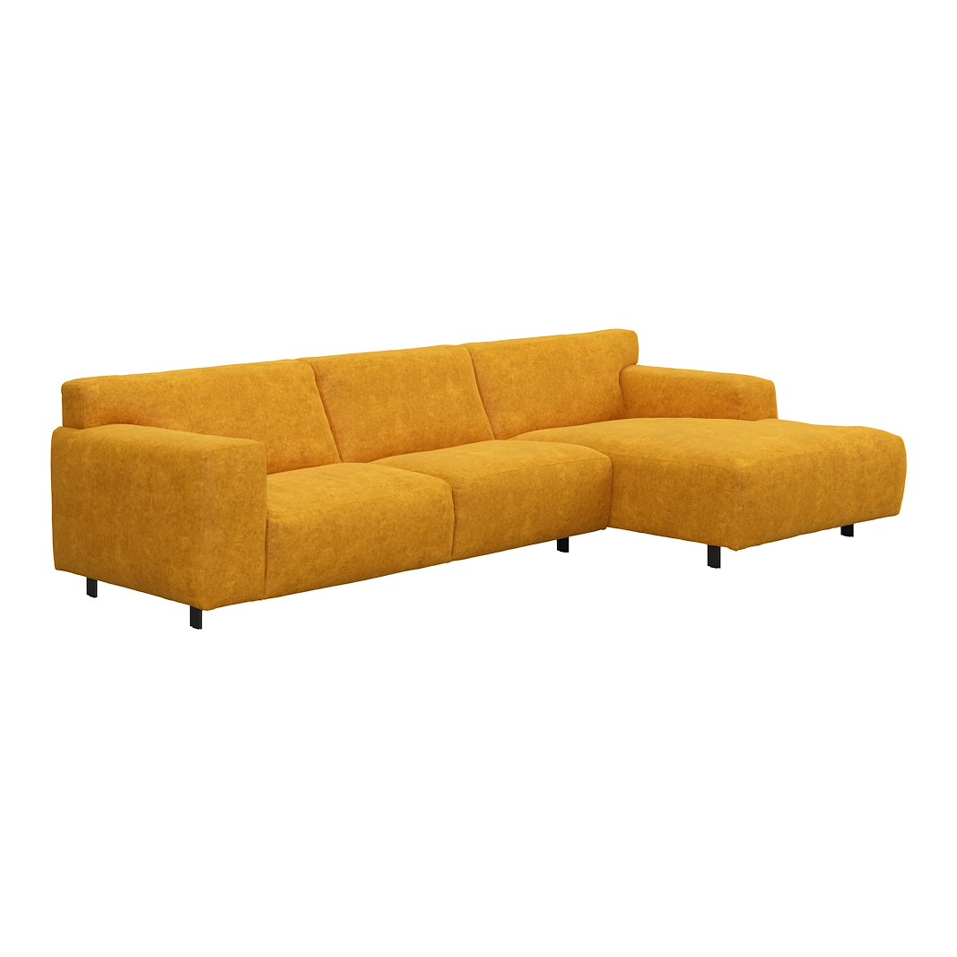 Vesta 2,5-seter med sjeselong høyre I Tekstil Eros Mustard, standardsøm, sort metallben 10 cm, Comfort CM