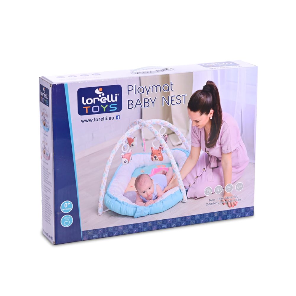 Lorelli Spielbogen Krabbeldecke Nest 2 in 1 Babynest hängende Stofftiere Spiegel blau