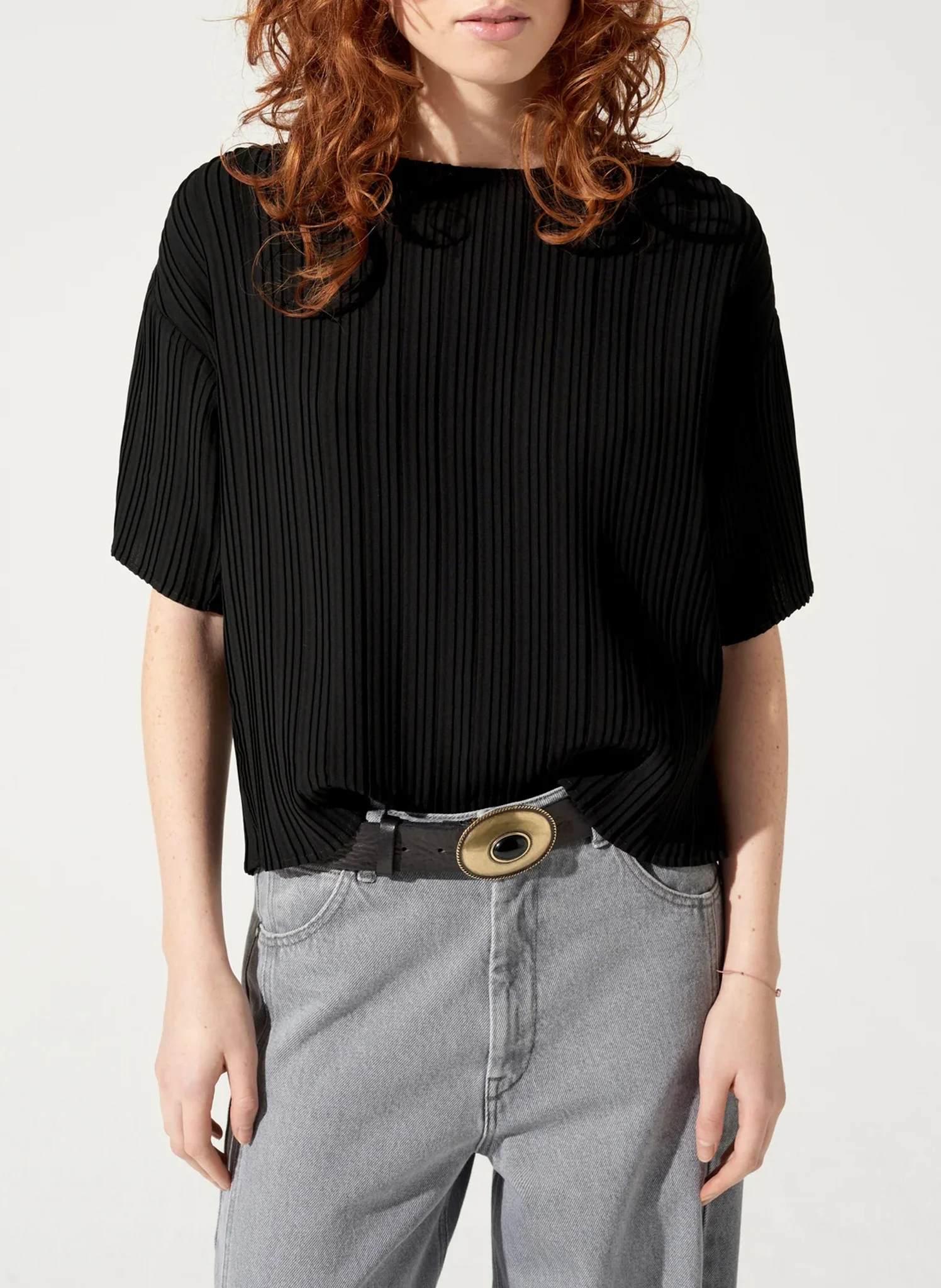 Blouse col rond plissé | Noir
