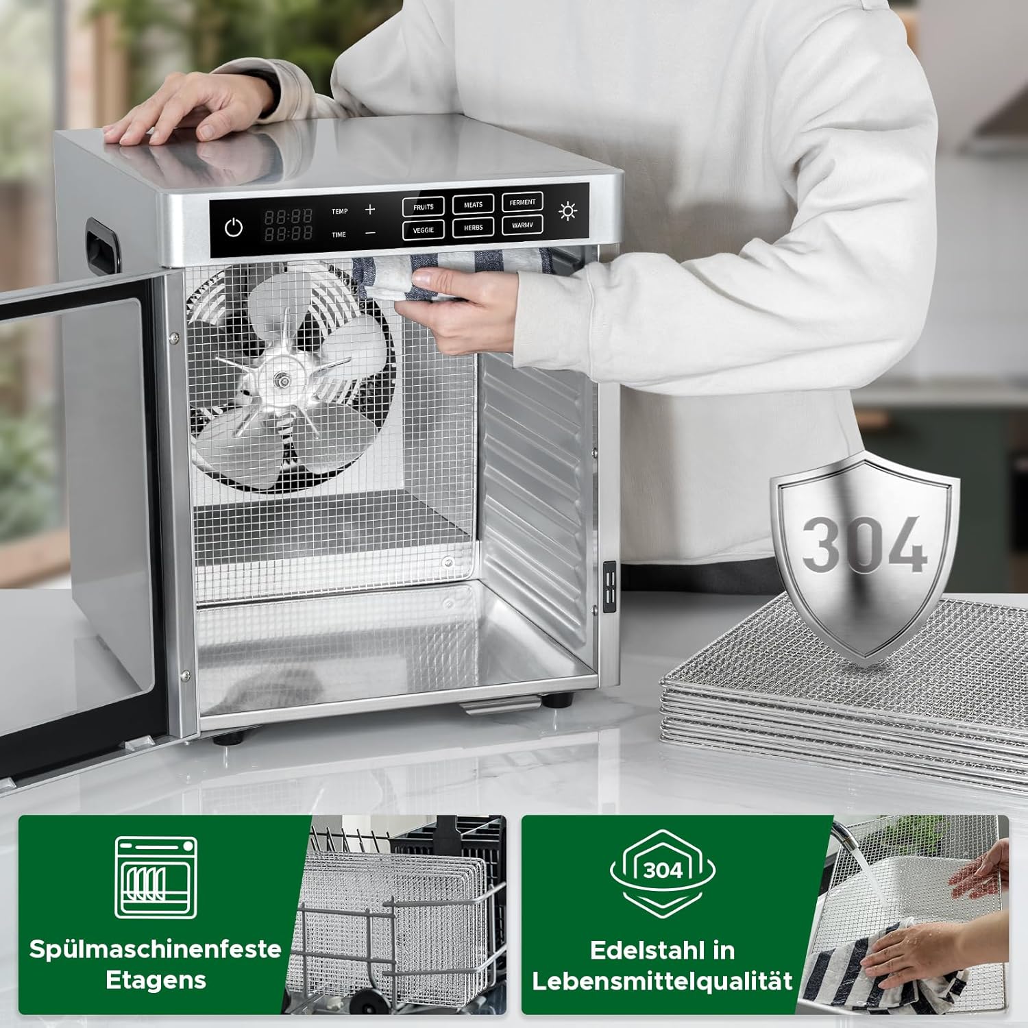 Kwasyo Dörrautomat 12 Etagen Edelstahl, 6 Voreinstellungen für Früchte, Gemüse, Fleisch, Blumen, 85°C Temperaturregelung, 24 Timer, 800W Dörrautomat, Rezept inklusive