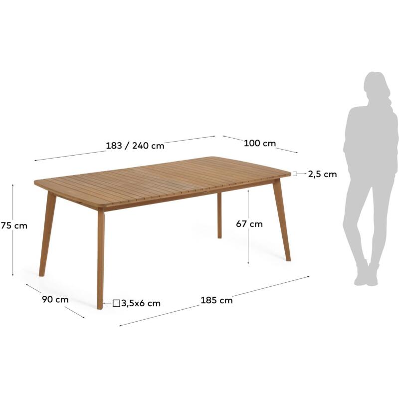 Table d'extérieur extensible Hanzel - bois massif d'eucalyptus L 183 (240) x P 100 cm